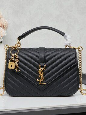 Saint Laurent Black Quilted Leather Satchel with Gold Hardware and Lock Charm